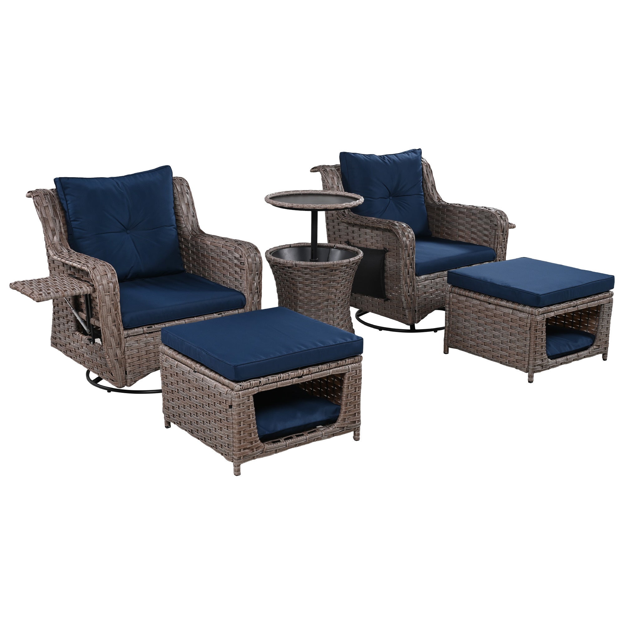 5 Pieces Outdoor Patio Furniture Set Retractable Side Tray, Rattan Wicker Patio Swivel Rocking Chairs Set of 2 with Ottomans - Navy Blue