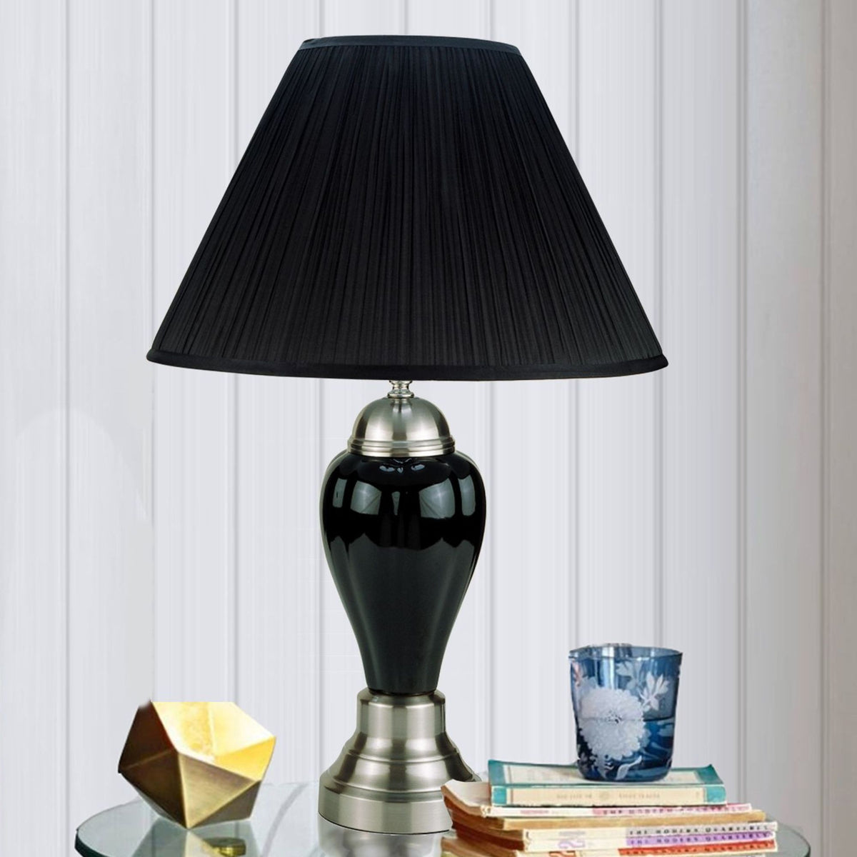 27" Tall Ceramic Table Lamp, Urn-Shaped with Silver / Black finish, Linen Shade