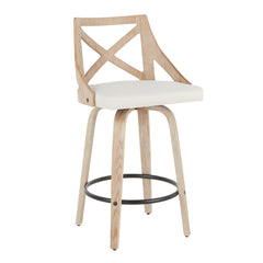 Farmhouse Counter Stool in White Washed Wood and Cream Fabric - Set of 2