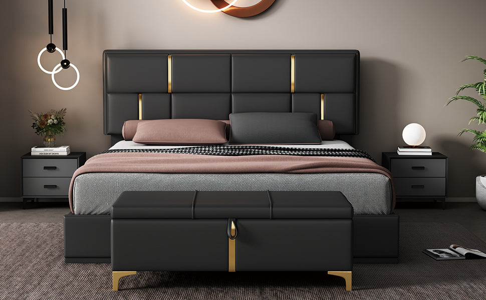 2-Pieces Bedroom Sets: Queen Size Upholstered Platform Bed + Storage Ottoman - Black