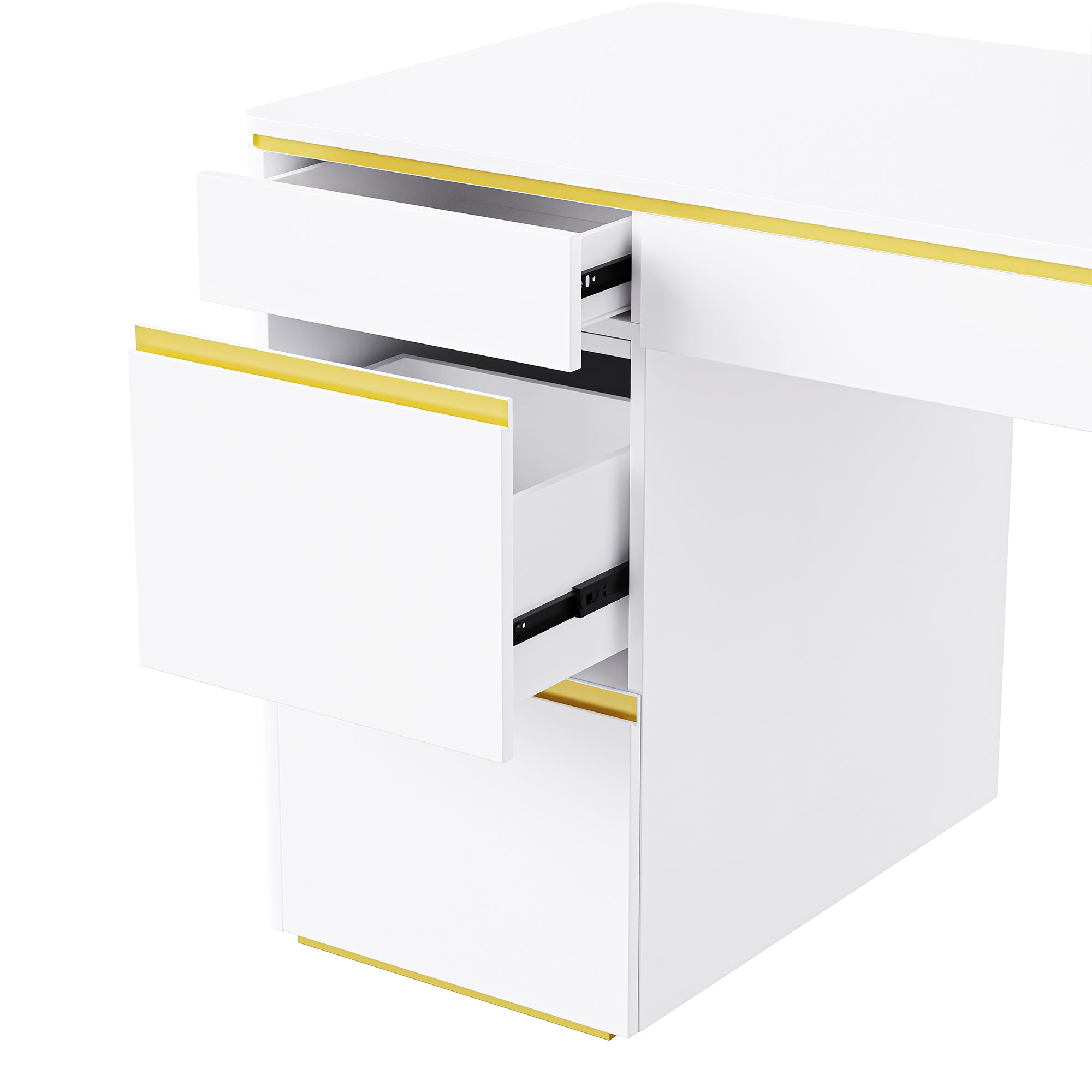 60''Modern Executive Desk,White Curved Computer Desk with Gold Metal Legs,3-Drawers Home Office Desk - Gold+White