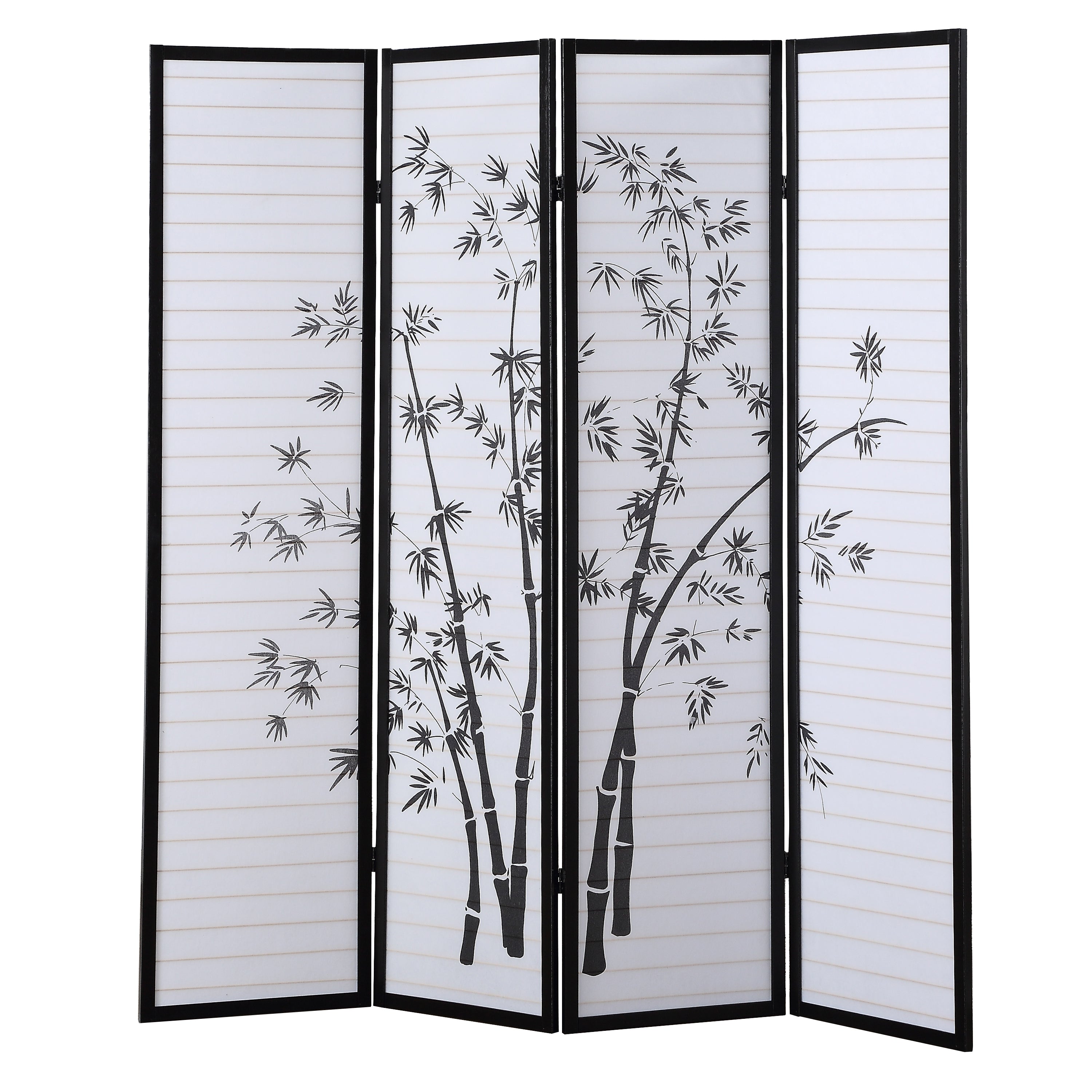 Bamboo Print 4-Panel Framed Room Screen/Divider, Black Wood+Paper