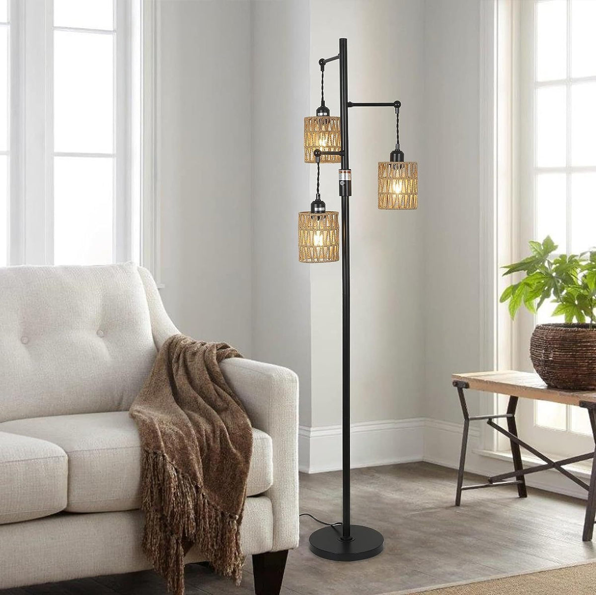 3-Lights Boho Floor Lamp with Stepless Dimmer