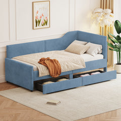 Twin Size L-Shaped Corduroy Daybed,Upholstered Bed Frame with  2 Storage Drawers,Blue