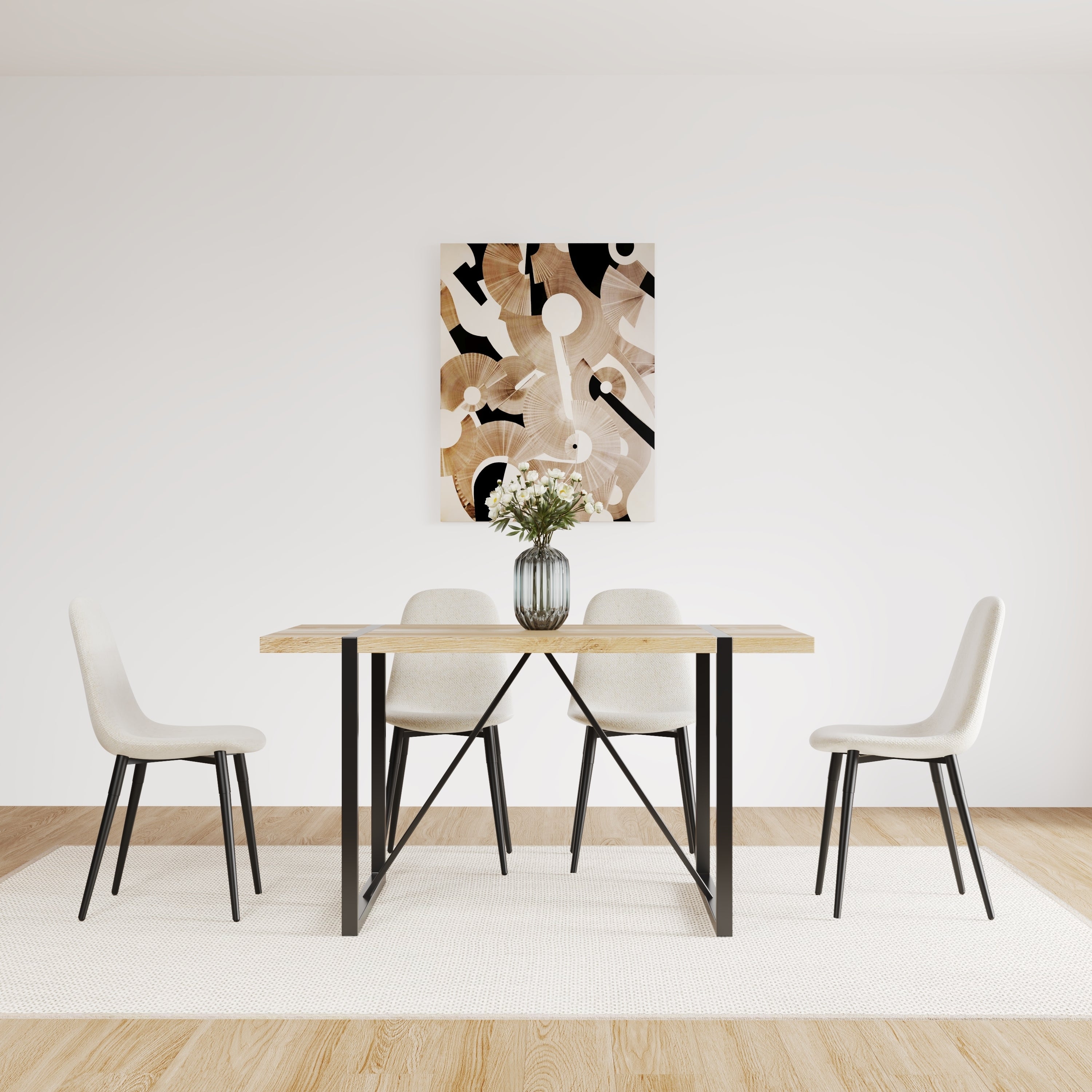 Set of 4 Modern Kitchen Dining Room Chairs, Cushion Seat and Sturdy Black Metal Legs - Beige