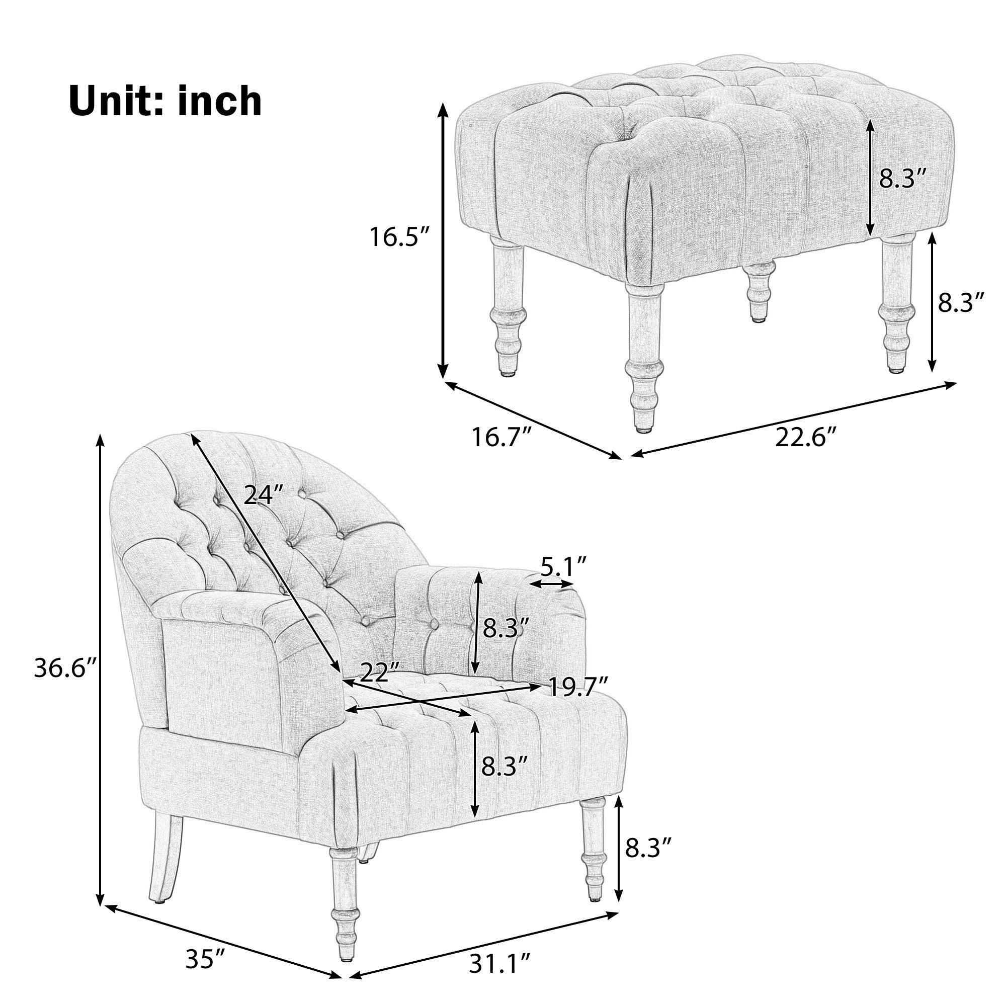 Accent Button-Tufted Upholstered Chair Set with Linen Fabric and Ottoman - Beige