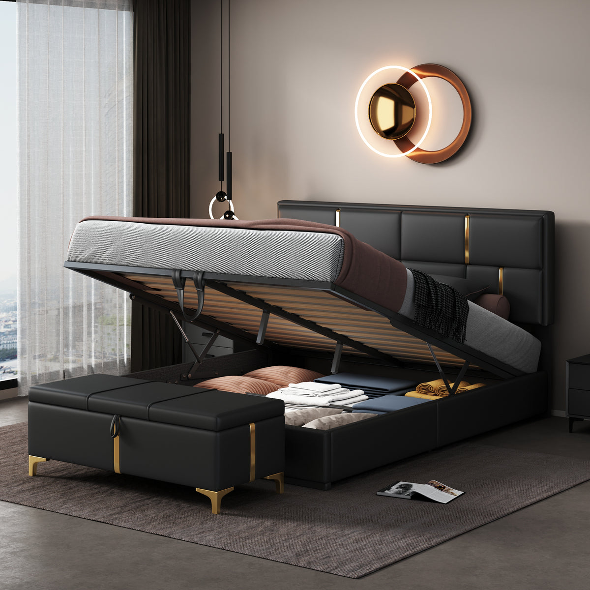 2-Pieces Bedroom Sets: Queen Size Upholstered Platform Bed + Storage Ottoman - Black