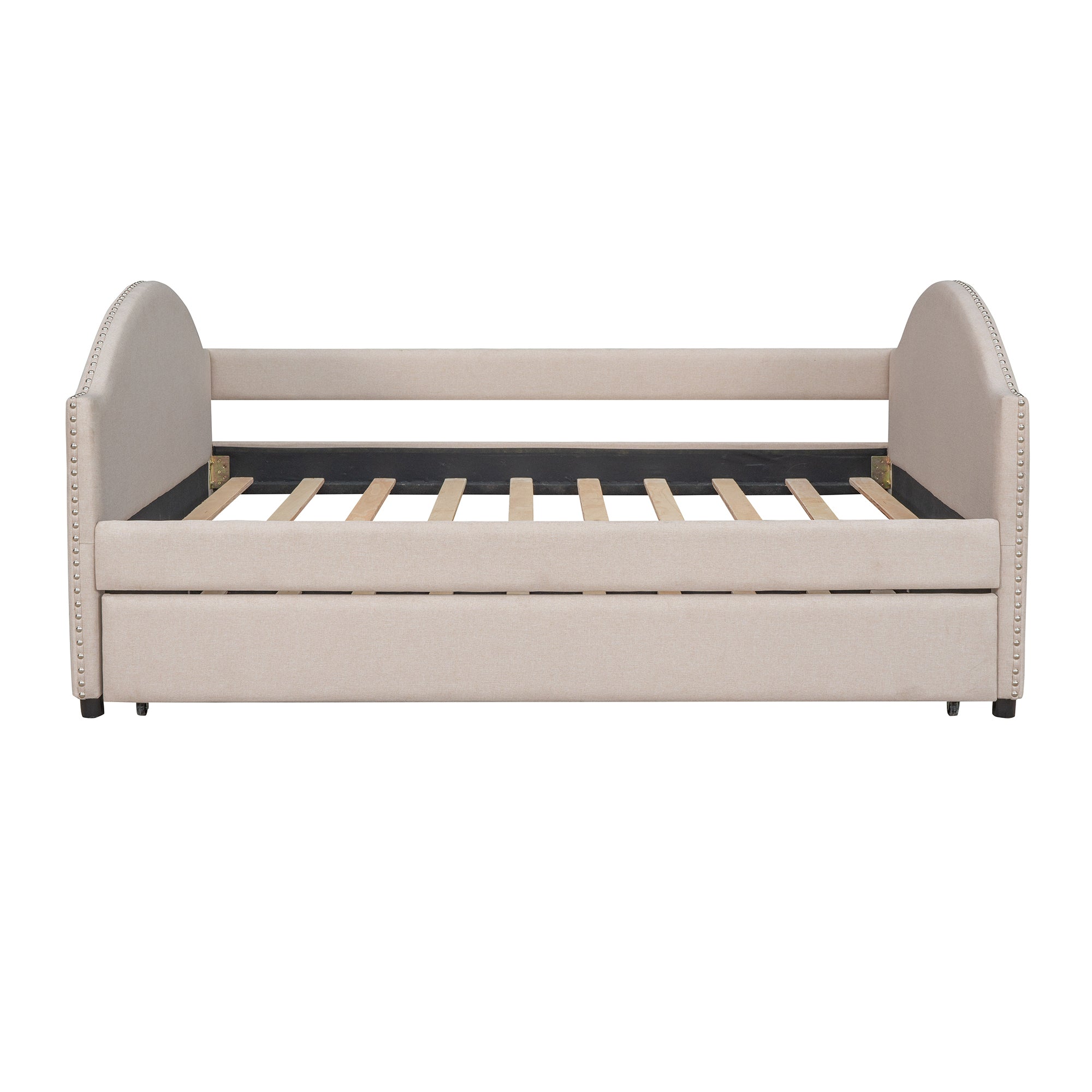 Full Daybed with Twin Size Trundle, Wood Slat Support - Beige