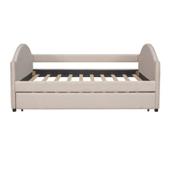 Full Daybed with Twin Size Trundle, Wood Slat Support - Beige