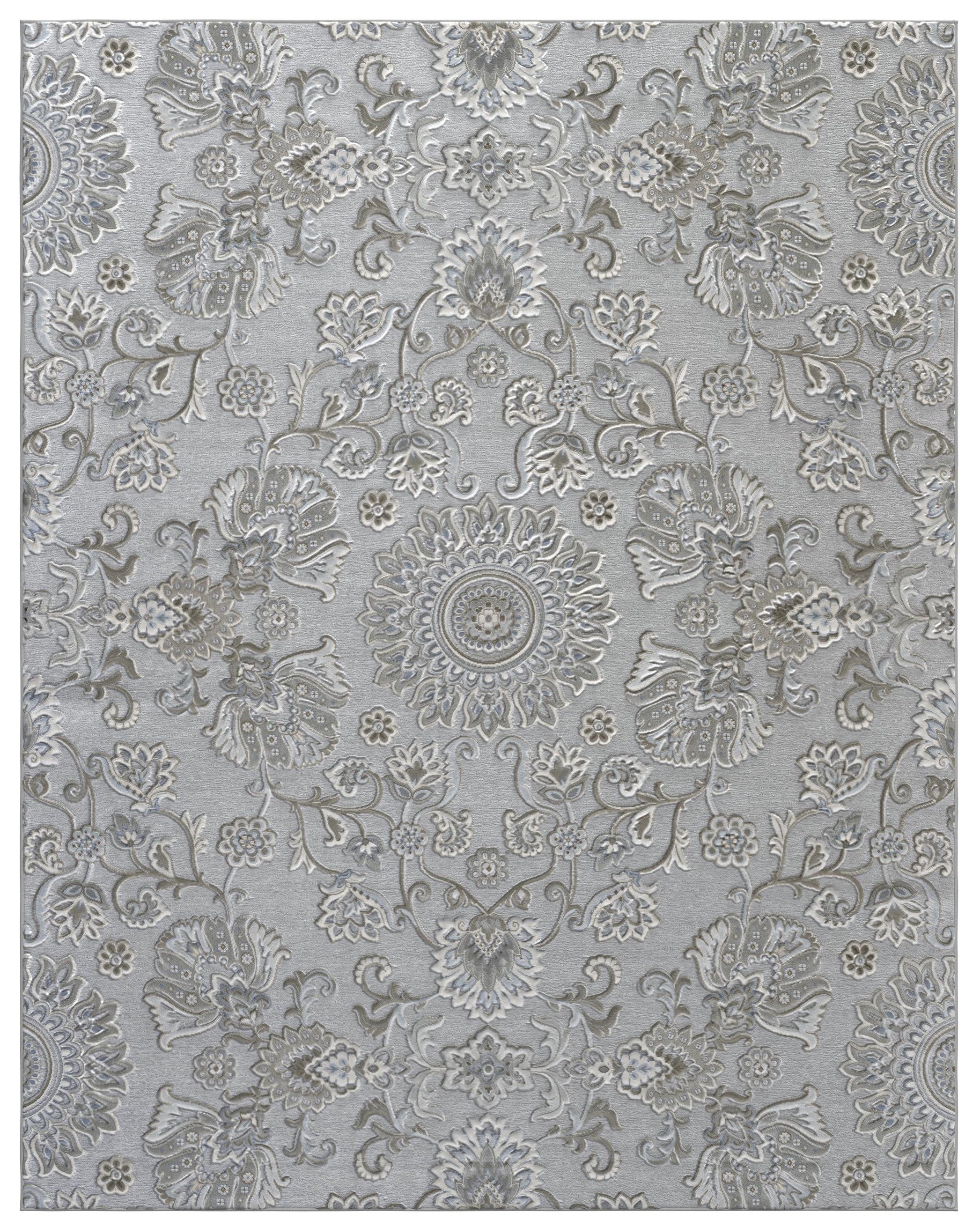 Lily Light Gray, Medium Gray, Blue and Ivory Chenille and Viscose High - Low Area Rug 5x8