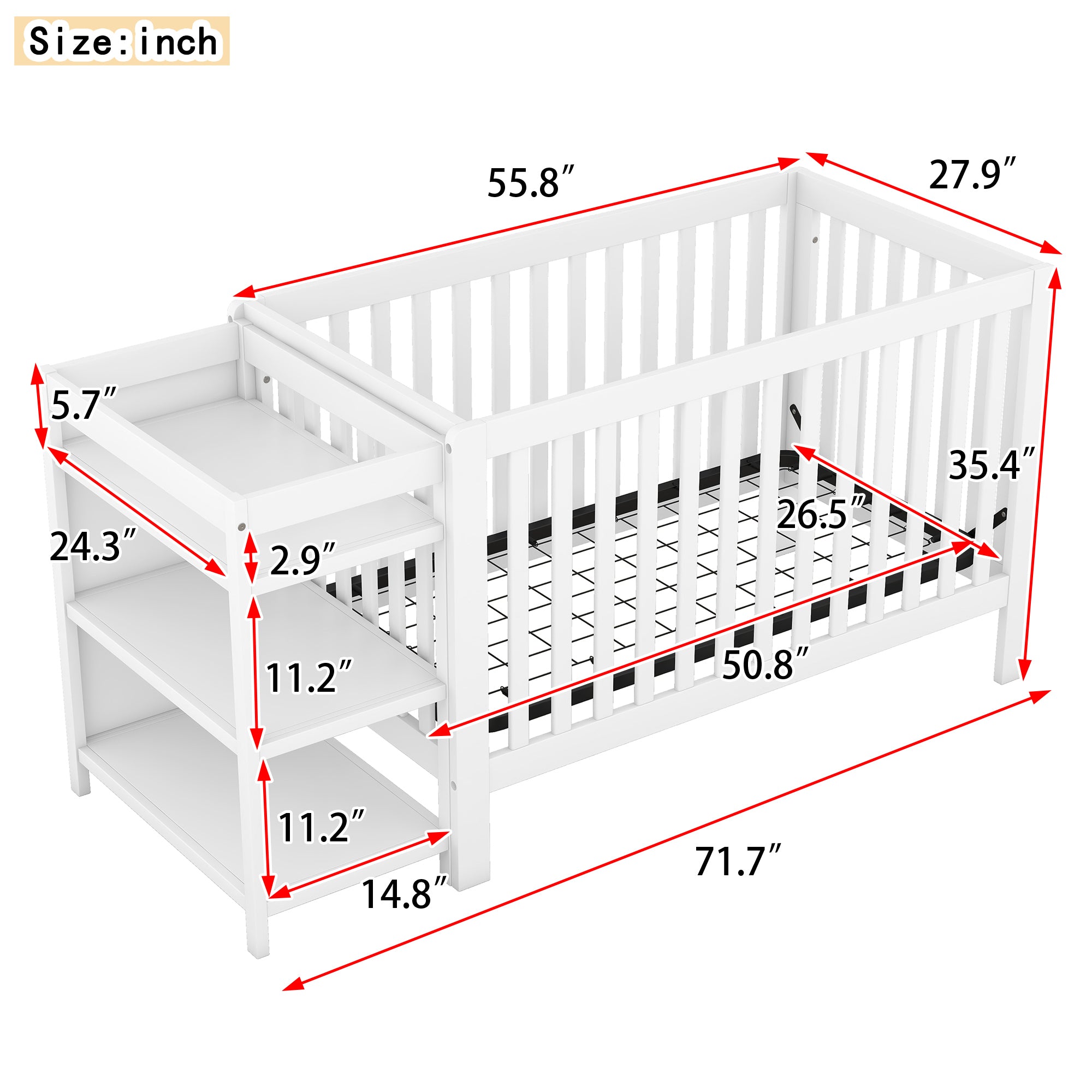 Convertible Crib/Full Size Bed with Changing Table - White