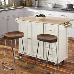 Farmhouse Counter Height Barstool with Wooden Saddle Seat - Brown and Silver
