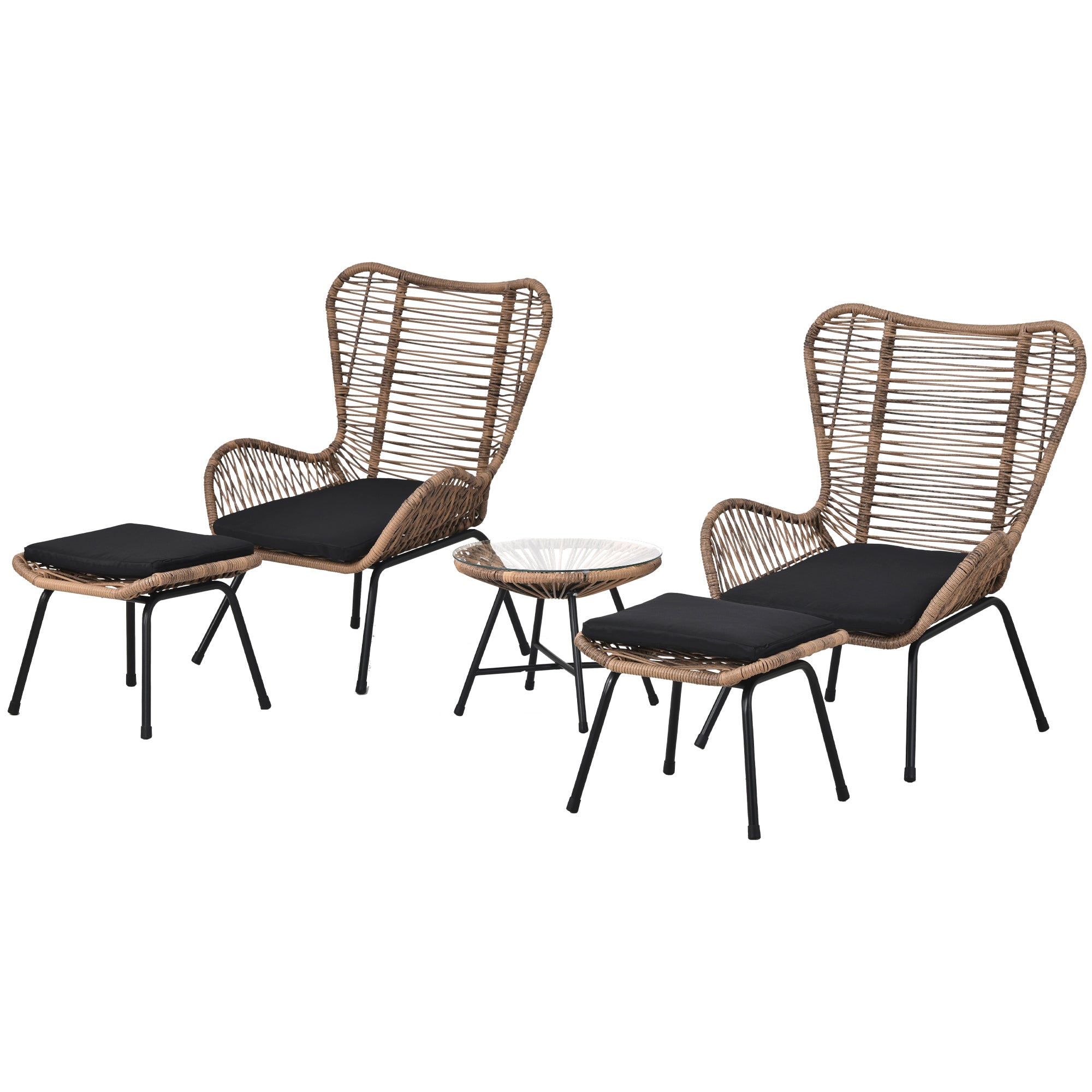 Outdoor Patio 5-Piece Rattan Conversation Set, PE Wicker Arm Chairs with Stools and Tempered Glass Tea Table - Natural Rattan + Dark Gray