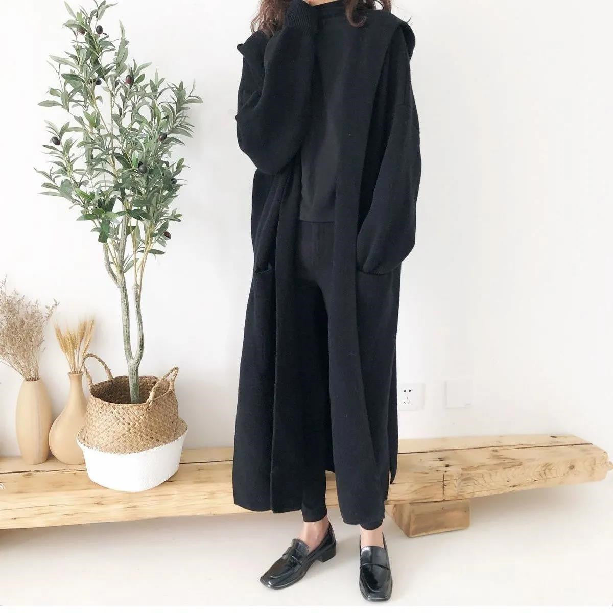 Cozy Oversized Hooded Sweater Cardigan, Long Length, Loose Fit (One Size)