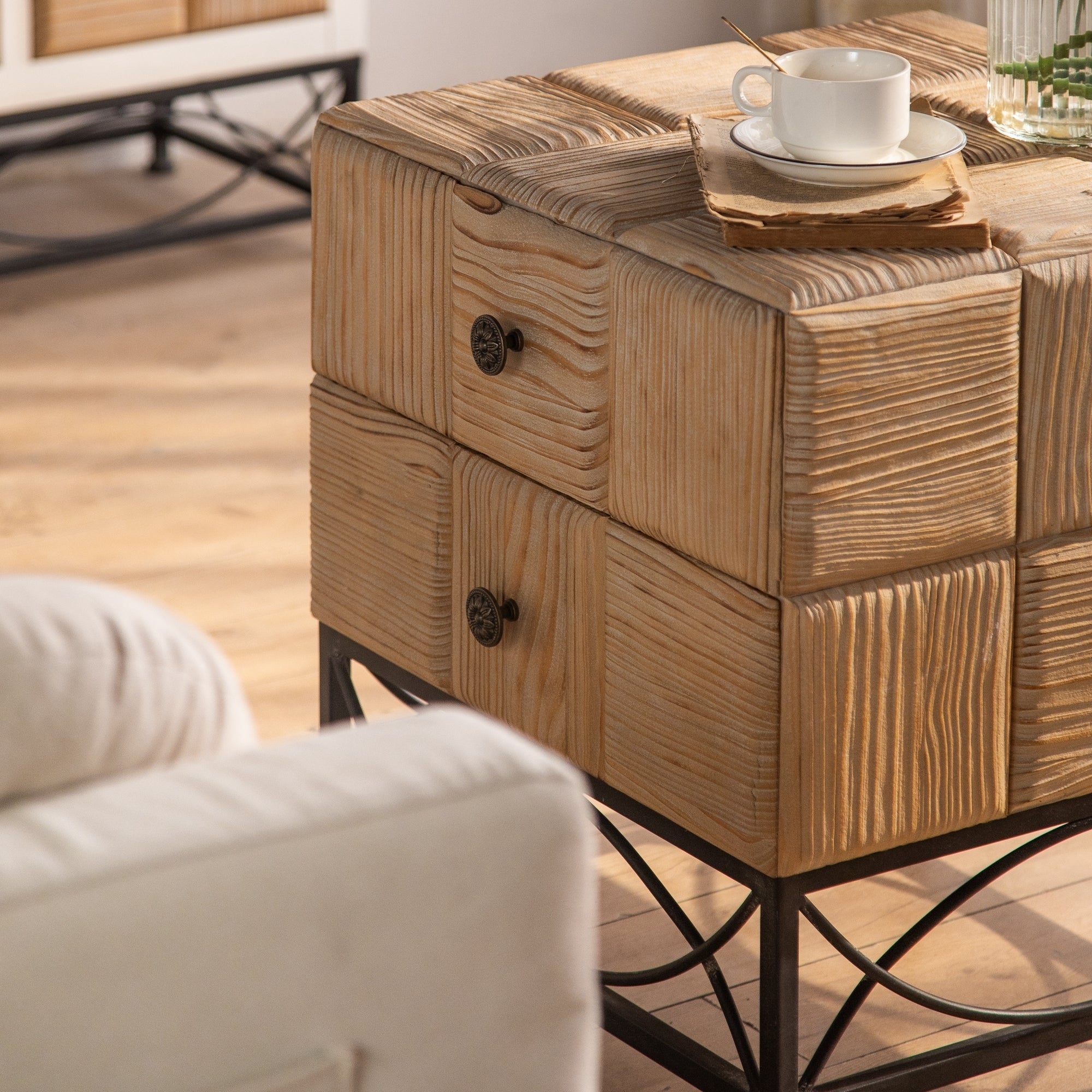 Small Grid Splicing Design Retro Square Coffee Table with 2 Drawers - Natural