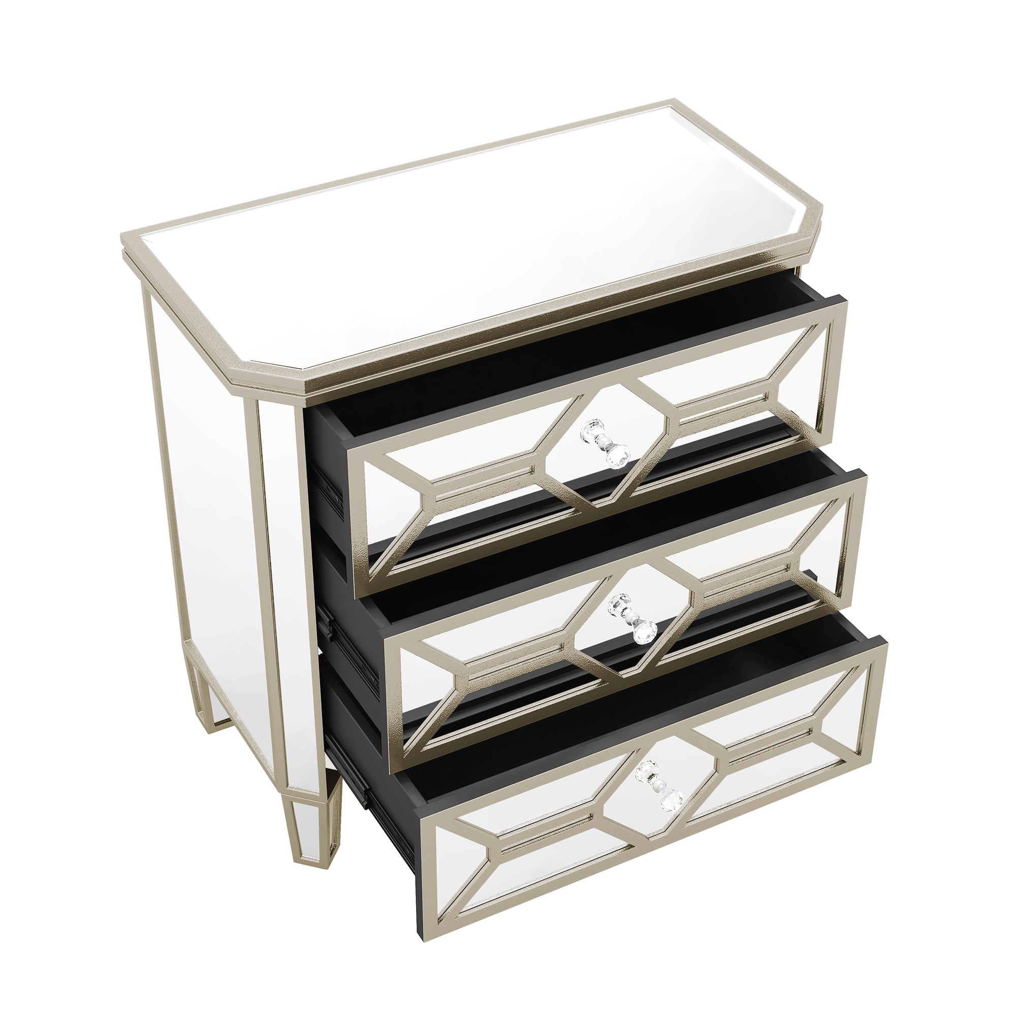 Elegant Mirrored 3-Drawer Chest with Golden Lines Storage Cabinet