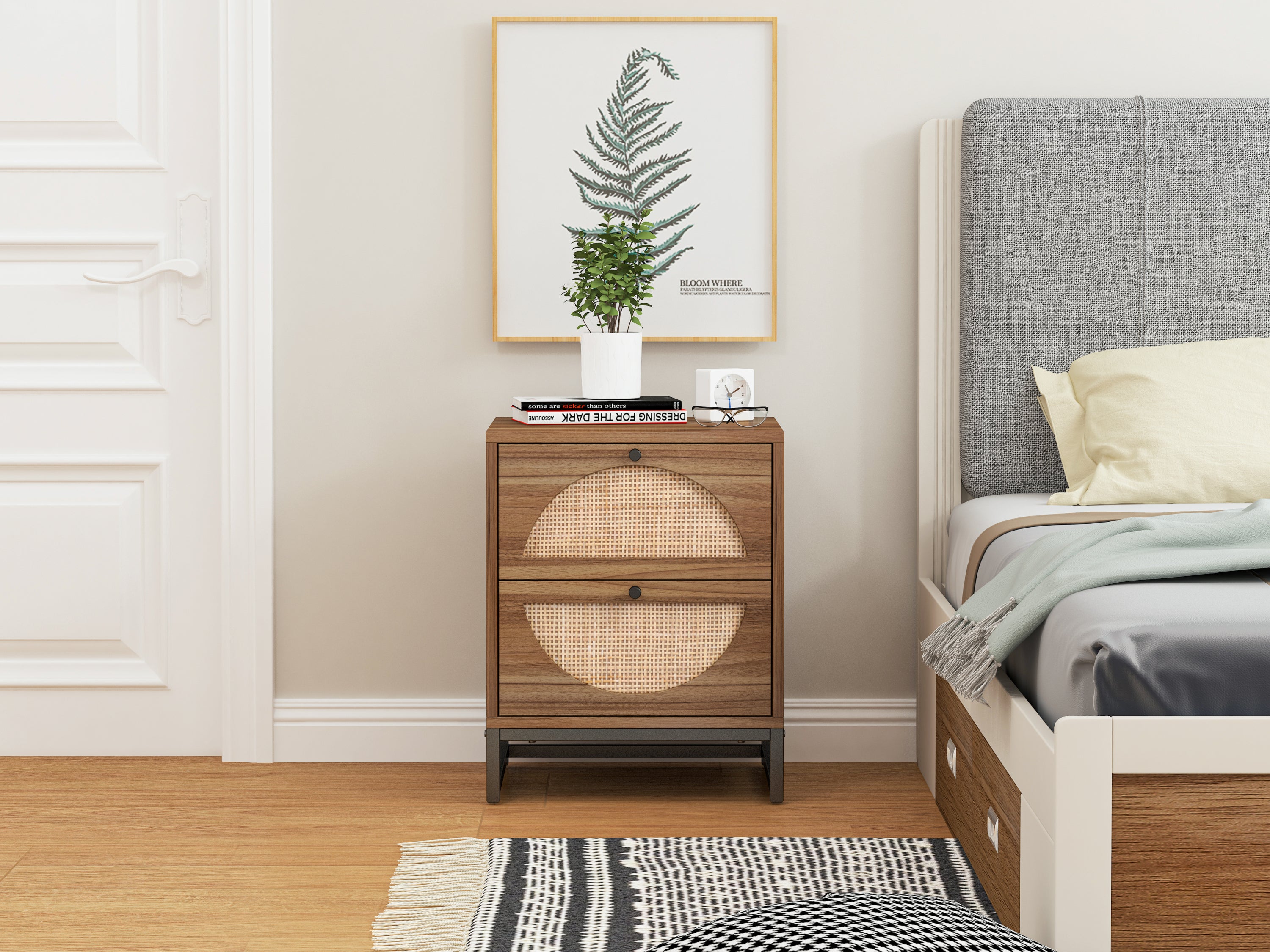 Natural rattan 2 Drawer Side table, Nightstand Side - Walnut