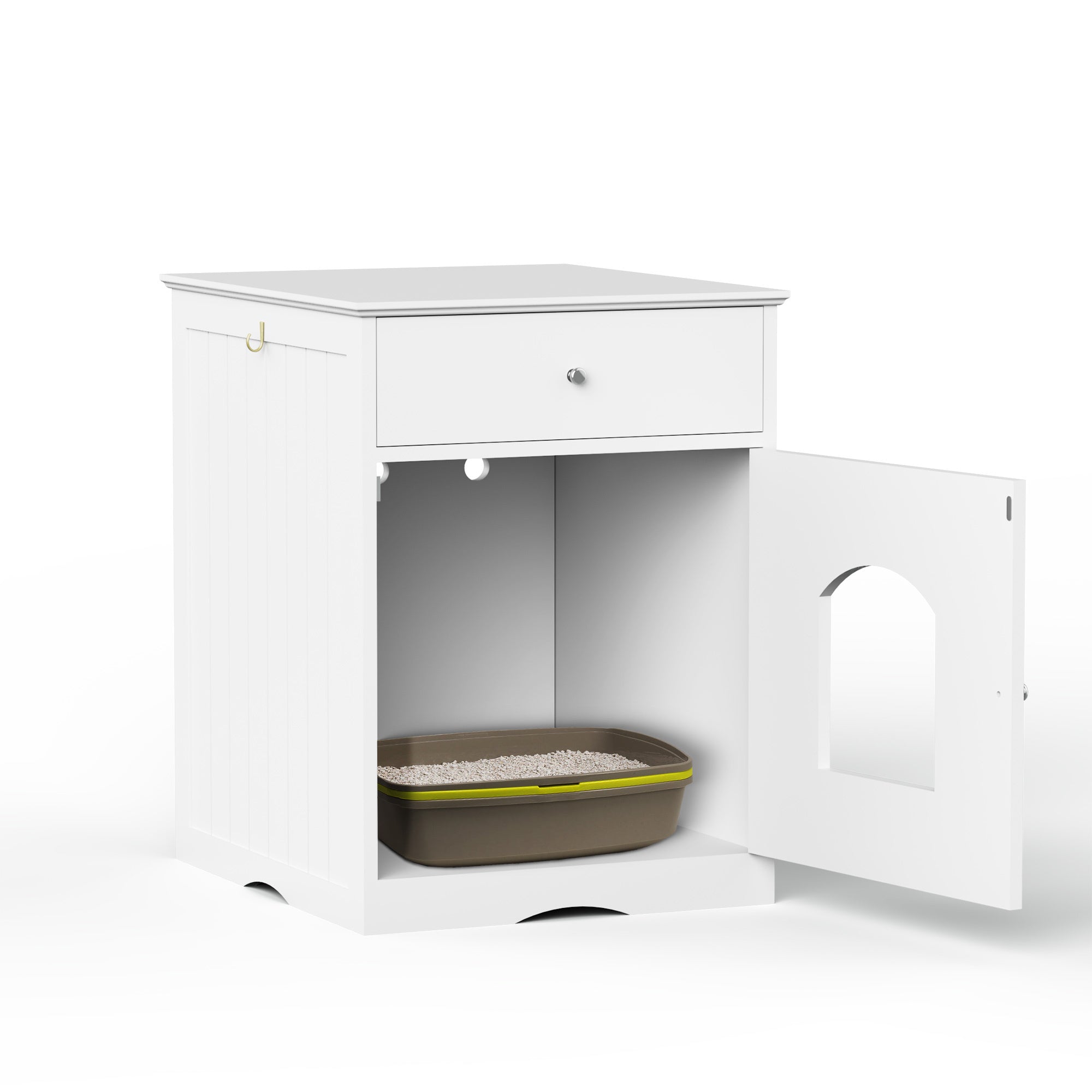 Cat Home Litter Nightstand with Drawer - White