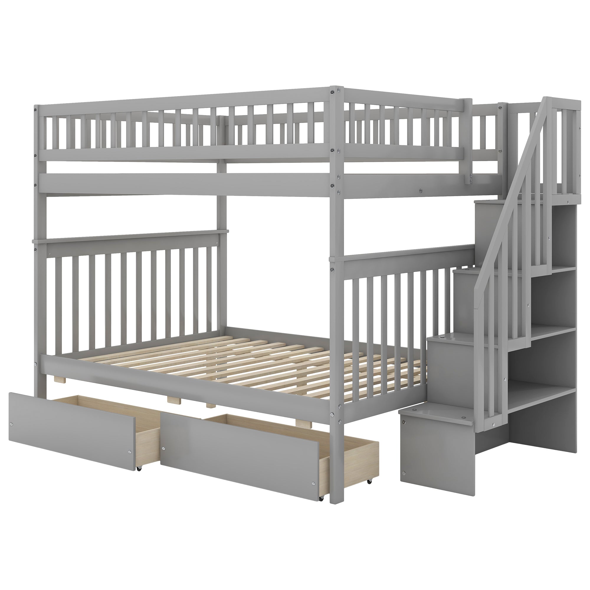 Full over Full Bunk Bed with Two Drawers and Storage - Gray