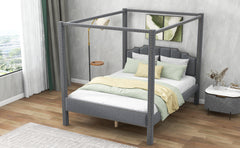 Queen Size Upholstery Canopy Platform Bed with Headboard,Support Legs - Gray