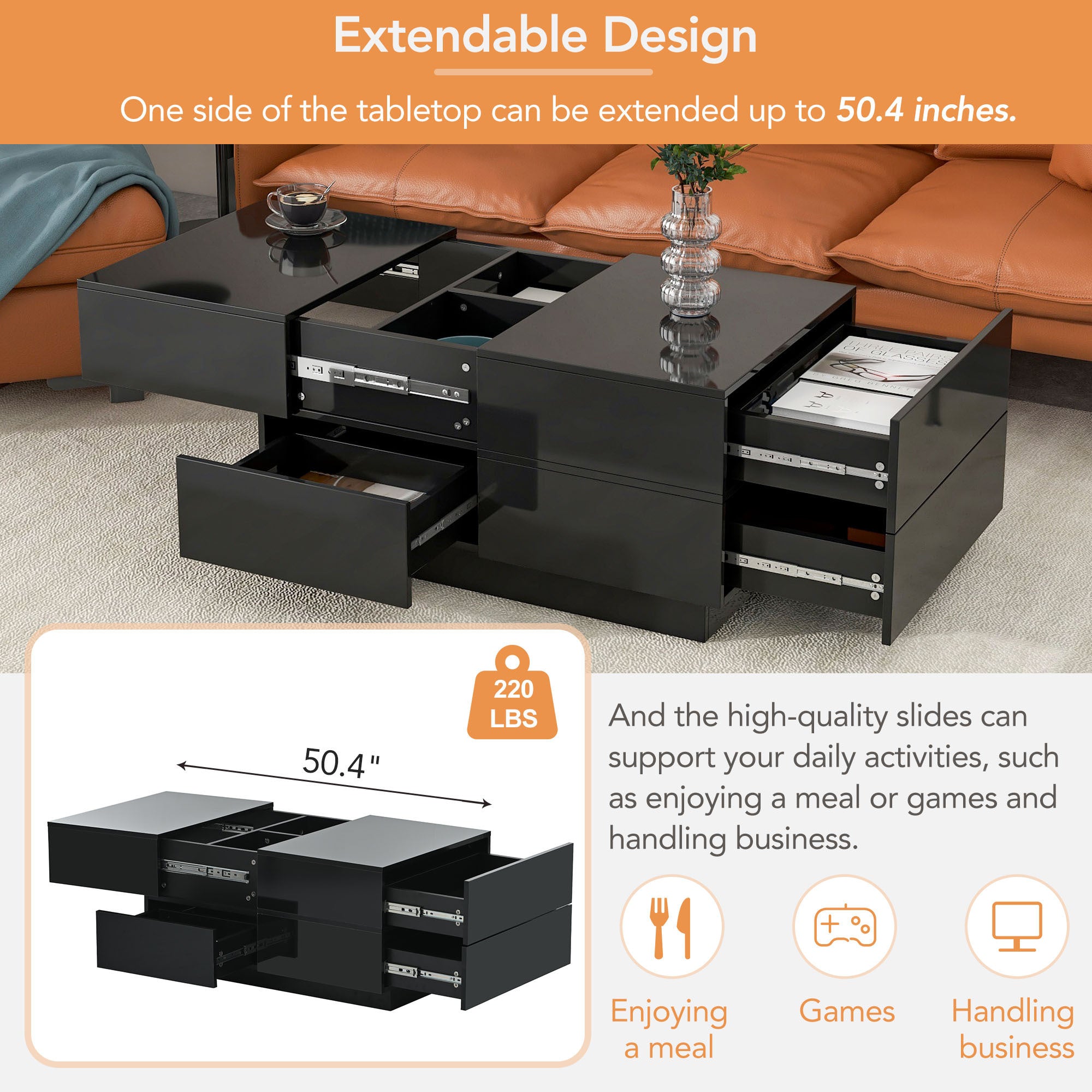 Extendable Coffee Table with Hidden Storage Compartment, UV High-gloss Center Table with Sliding Top - Black