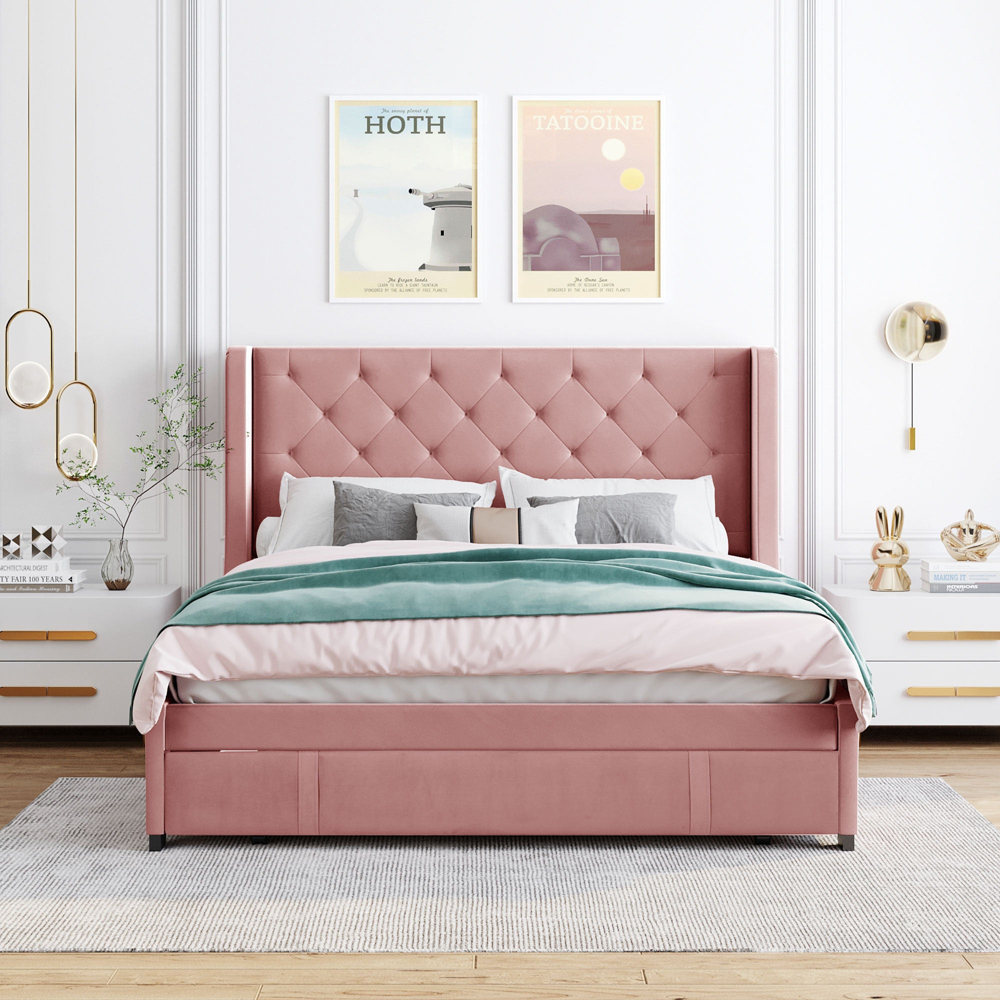 Queen Size Storage Bed Velvet Upholstered Platform Bed with Wingback Headboard and a Big Drawer - Pink