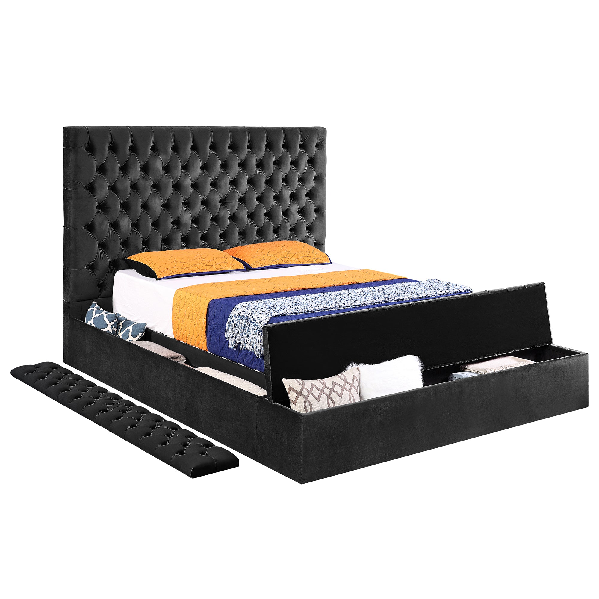 King Size Contemporary Velvet Upholstered Bed with Storage Locker, Deep Button Tufting, Solid Wood Frame, High-density Foam, Silver Metal Leg - Black