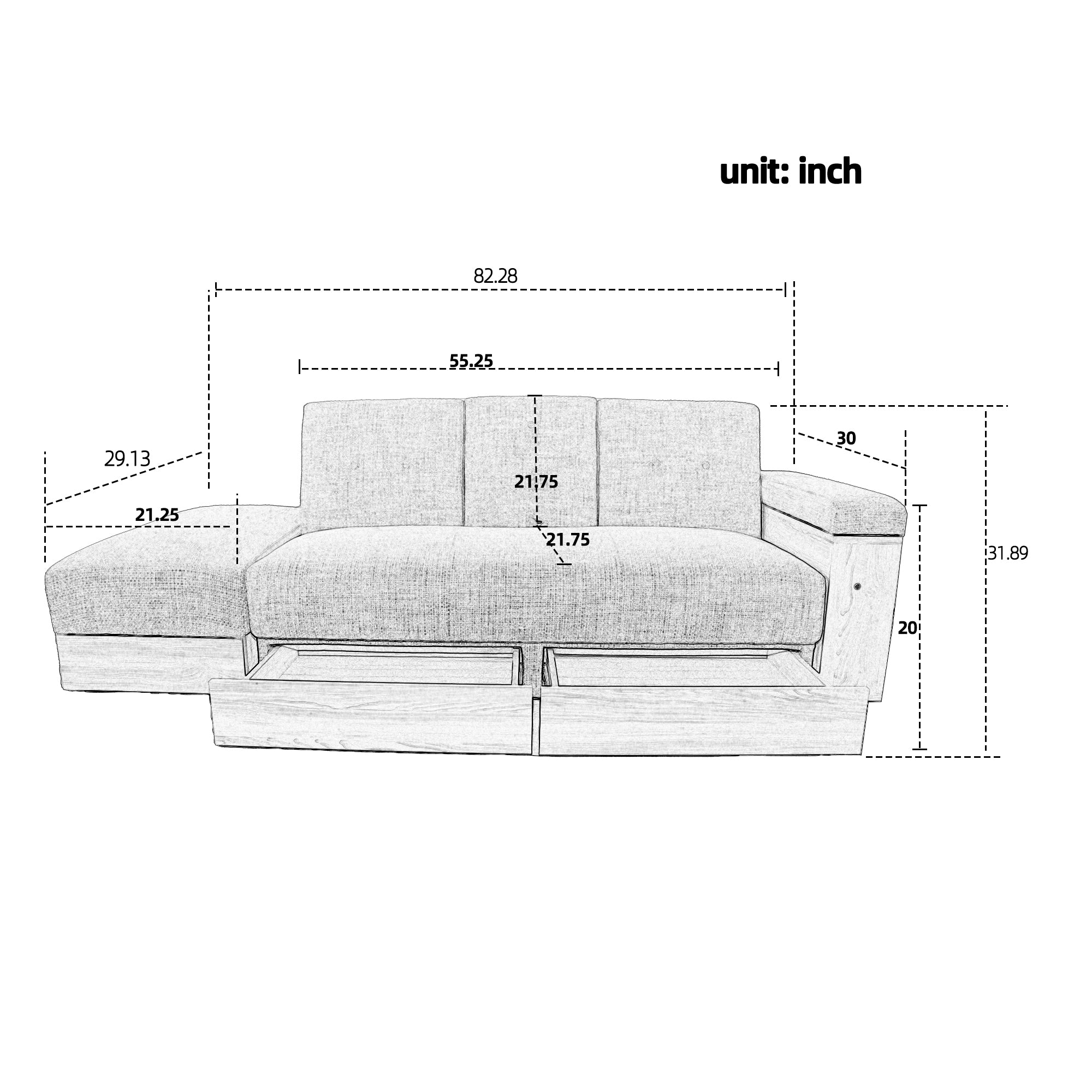 Multi-functional sofa with storage box and drawer - Light Gray