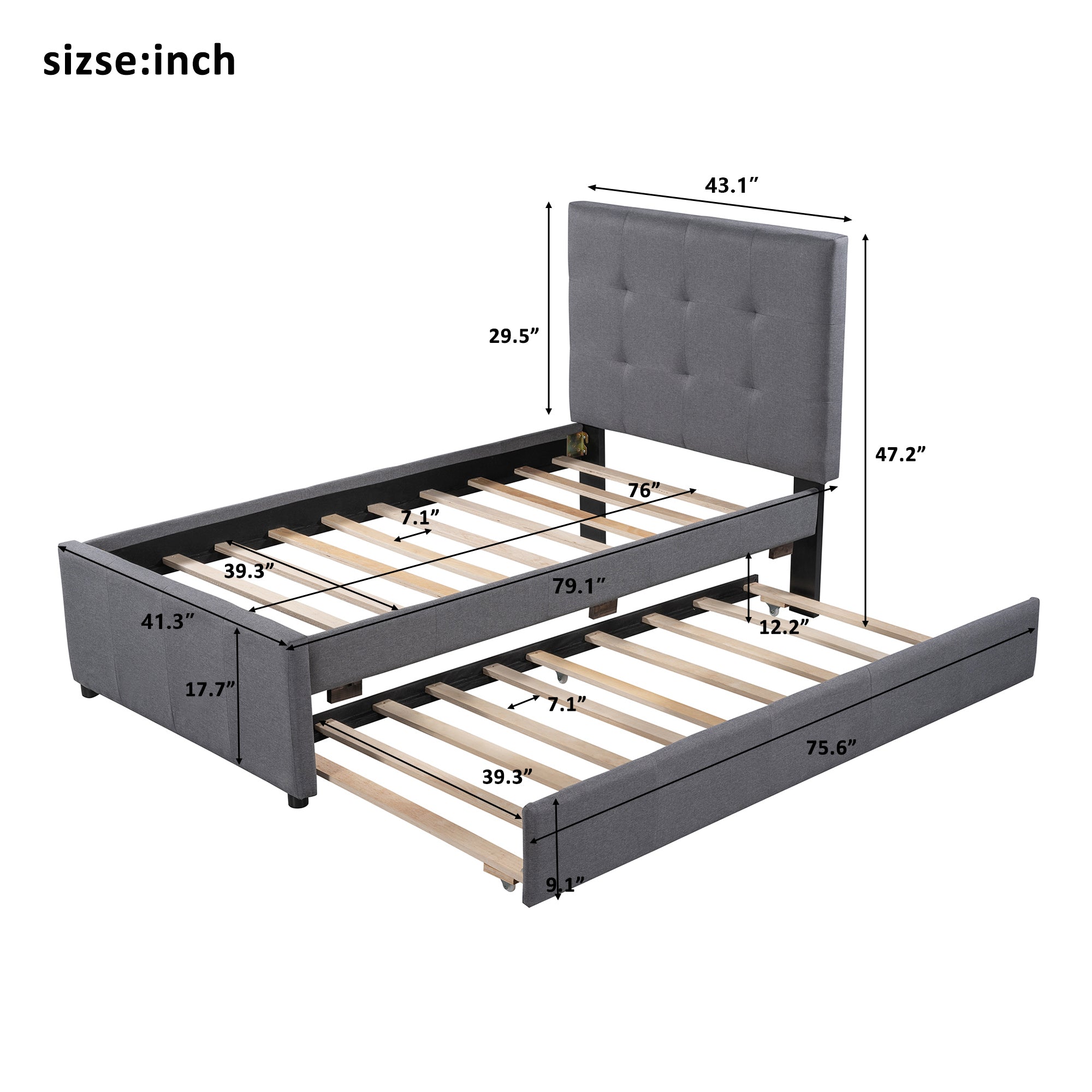 Twin Size Linen Upholstered Platform Bed With Headboard and Trundle - Grey