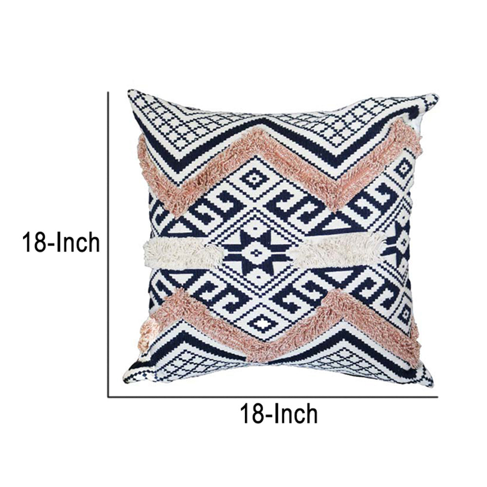 Handcrafted Square Jacquard Cotton Accent Throw Pillow, Geometric Tribal Pattern - White, Black, Beige