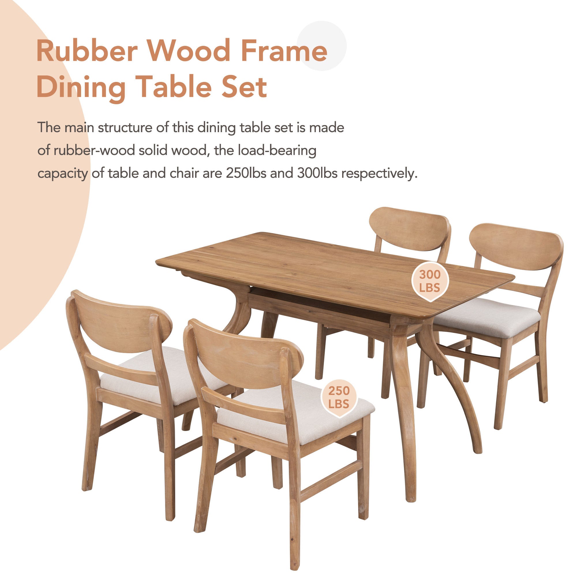 Elegant Rubber Wood Dining Table Set with Special-Shape Legs - Natural Wood Wash