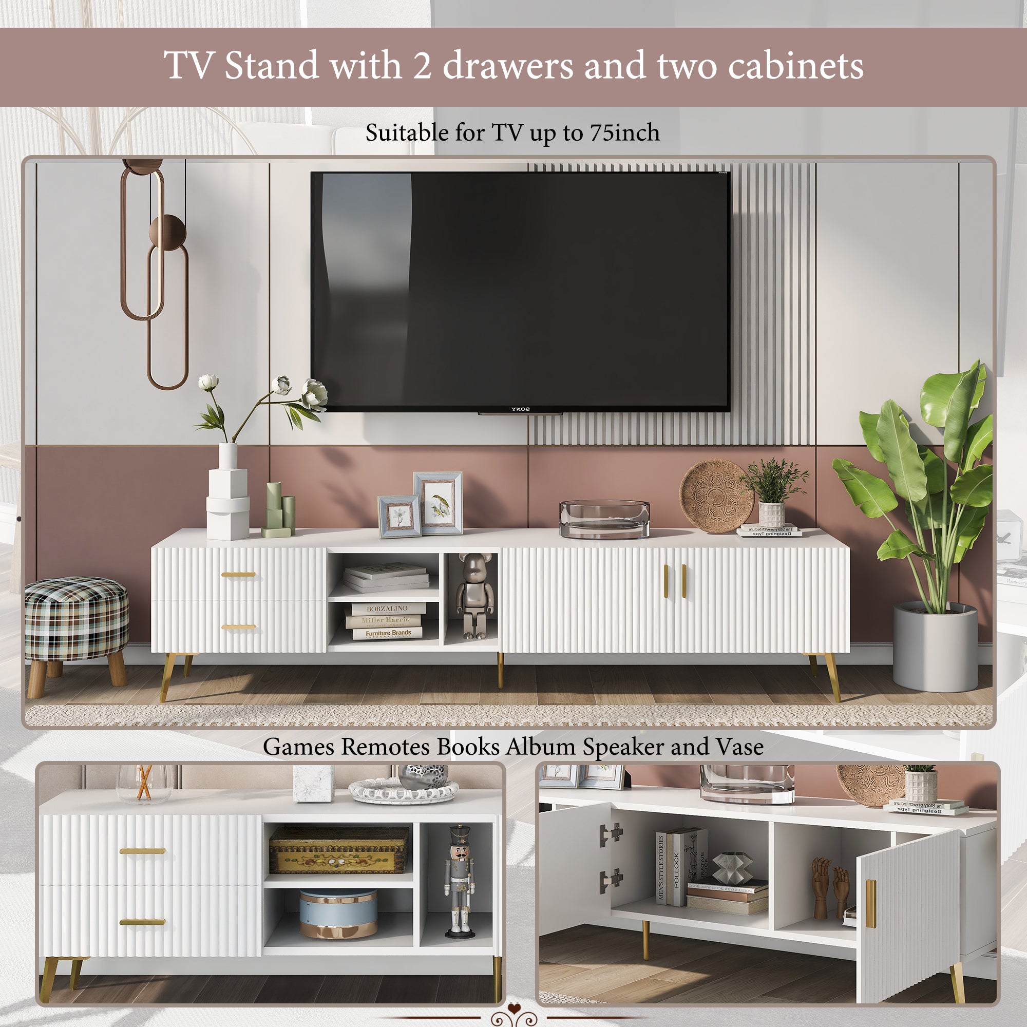 Modern TV Stand with 5 Champagne legs for TVS up to 77" - White