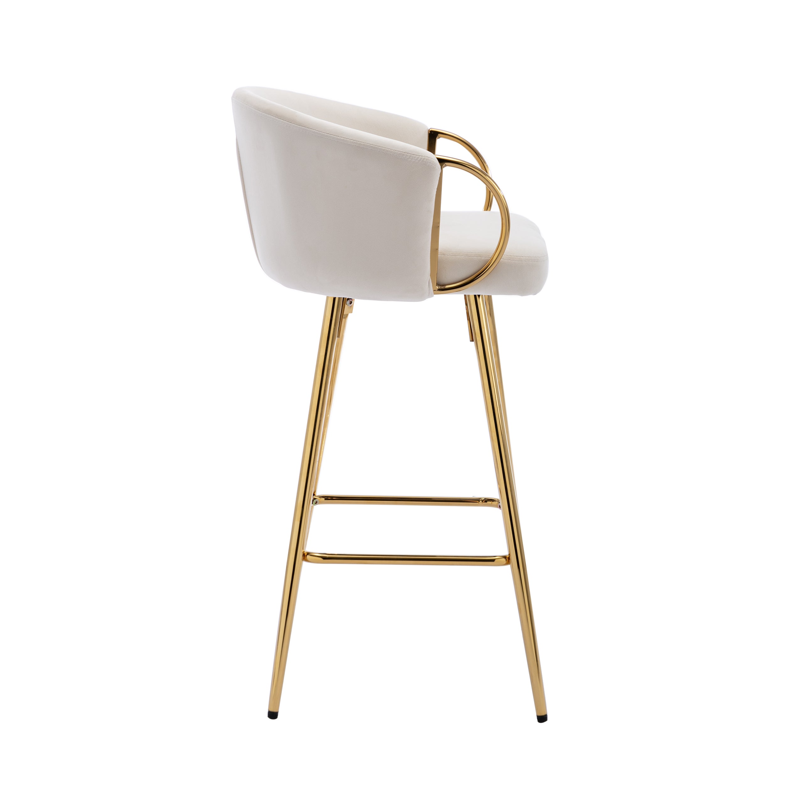 26 Inch Set of 2 Bar Stools, with Chrome Footrest and Base Velvet + Golden Leg Simple Bar Stool - Cream