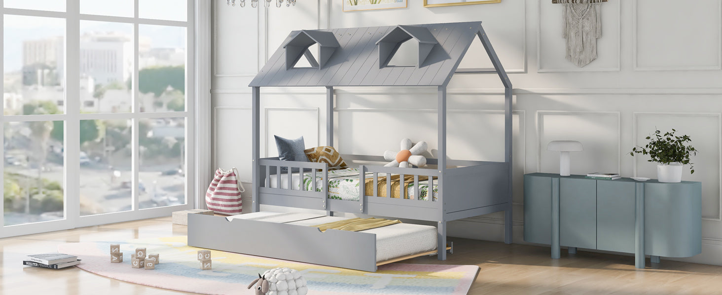 Twin Size House Wood Bed with Twin Size Trundle - Gray