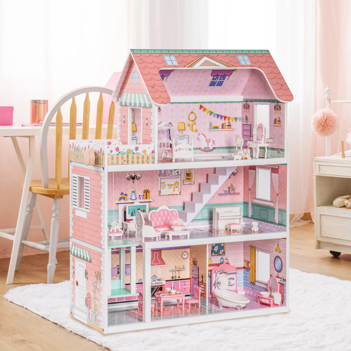 Wooden Dollhouse for Kids with 24 pcs Furniture for Kids