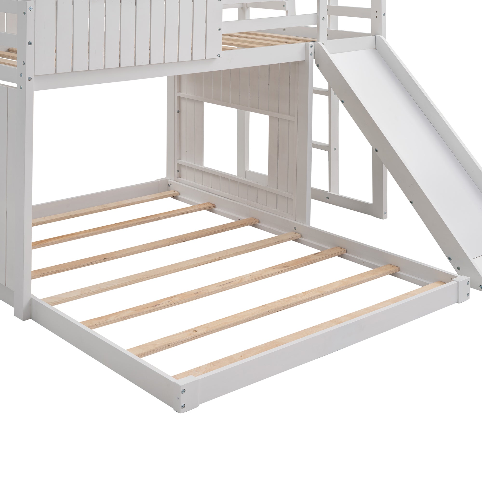 Farmhouse Wooden Twin Over Full Bunk Bed, Loft Bed with Playhouse - White