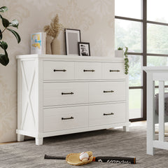 Rustic Farmhouse Style Solid Pine Wood Seven-Drawer Dresser - White