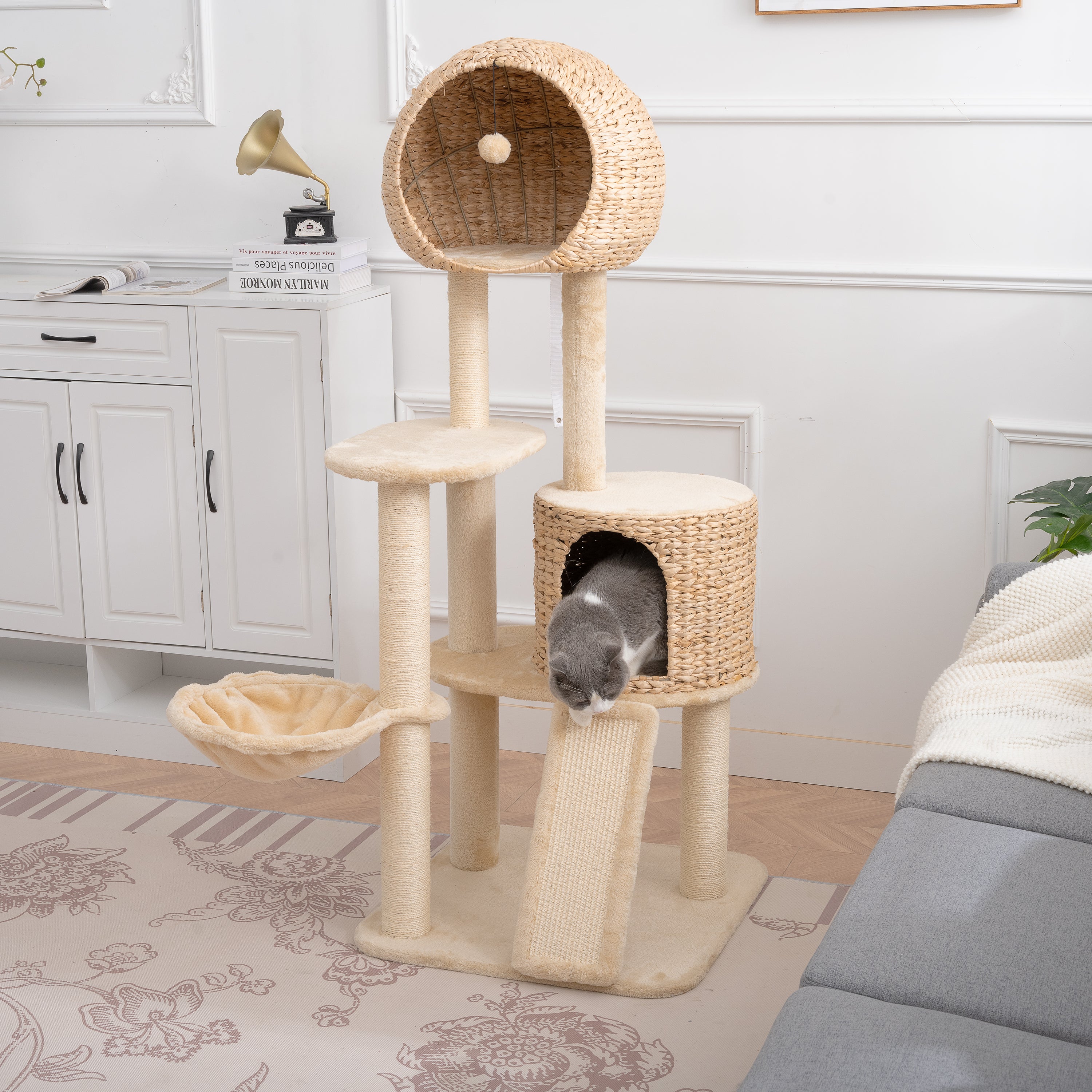 Cat Tree, 59-Inch Cat Tower for Indoor Cats, Plush Multi-Level Cat Condo with 2 Perches, 2 Caves, Cozy Basket and Scratching Board - Beige