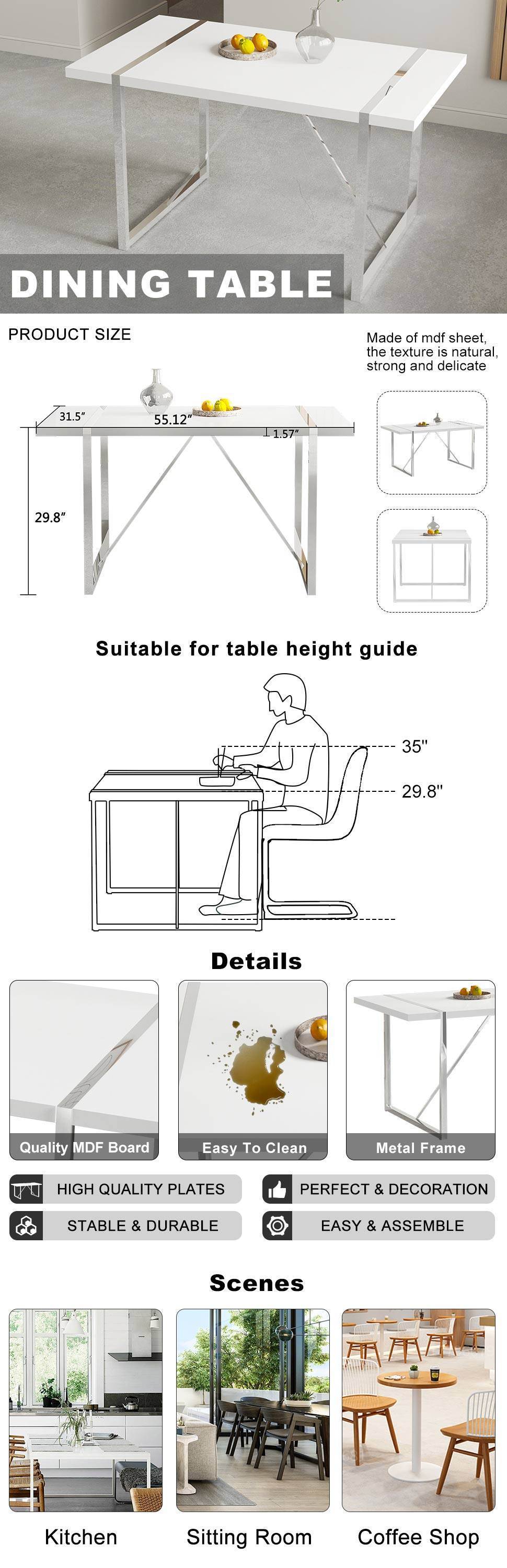 Dining Table Rustic Rectangular MDF Wood White Dining Table For 4-6 Person with 1.6" Thick Engineered Wood Tabletop and plating Metal Legs