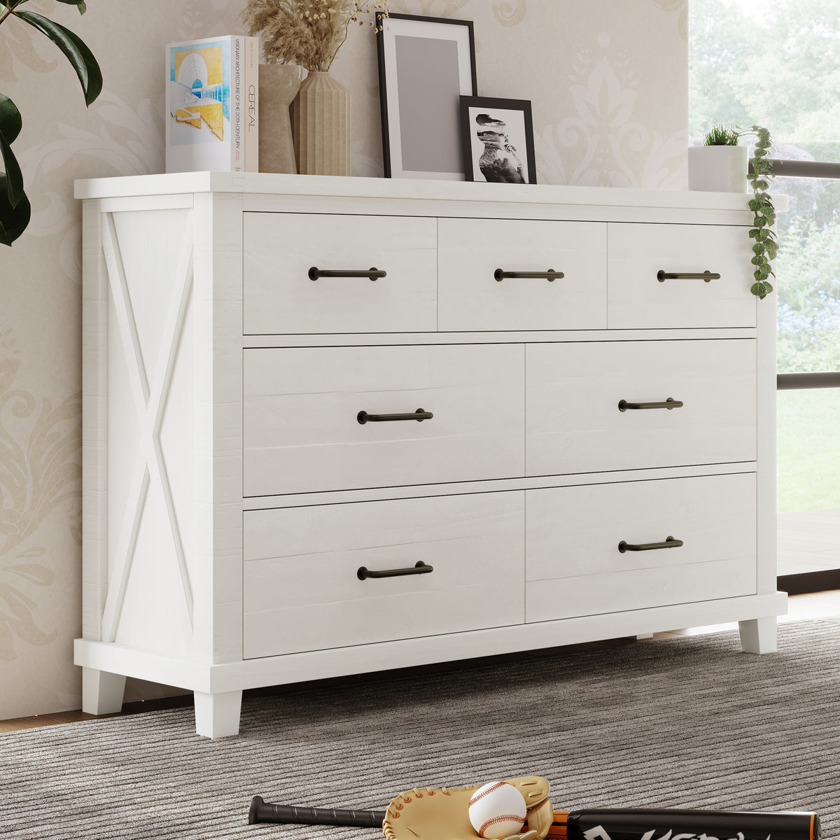 Rustic Farmhouse Style Solid Pine Wood Seven-Drawer Dresser - White