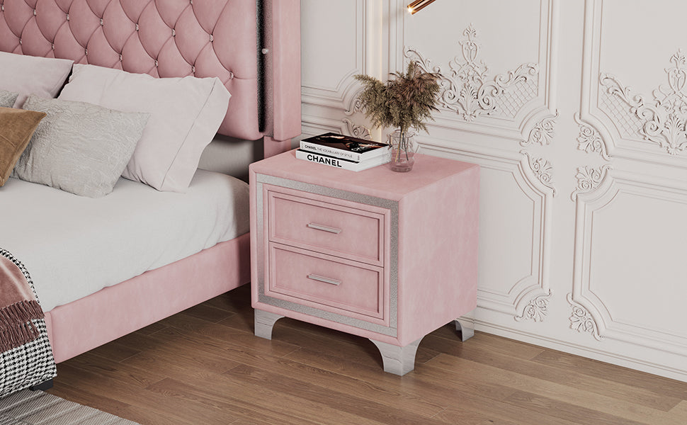 2-Drawer Nightstand with Metal Legs for Bedroom Velvet Bedside Table - Pink