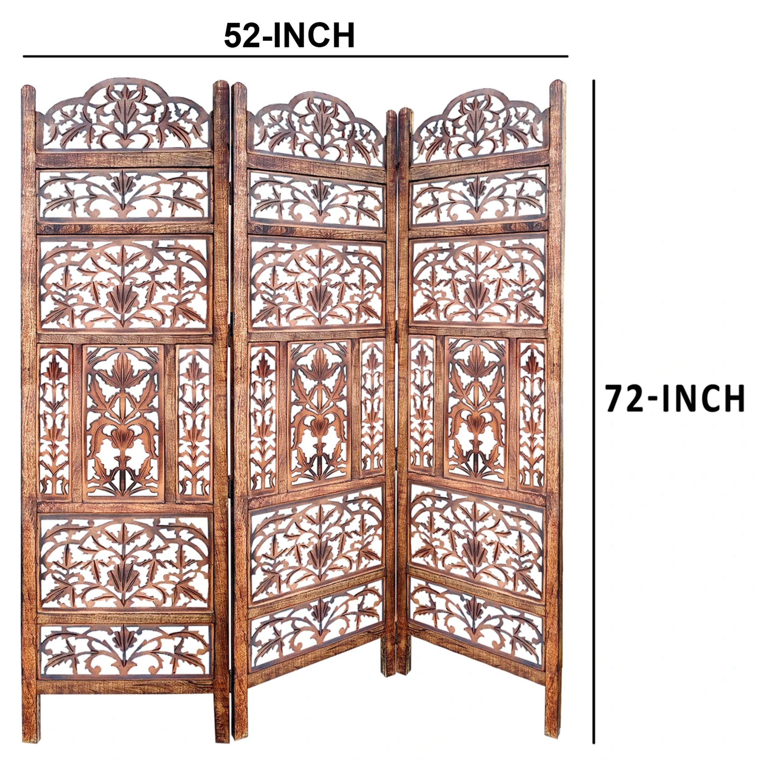 Handcrafted 3 Panel Mango Wood Screen with Cutout Filigree Carvings - Brown