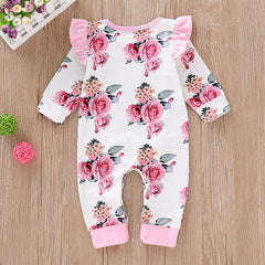 Baby Pink Flower Jumpsuit with Long Sleeves, Frills and Floral Pattern