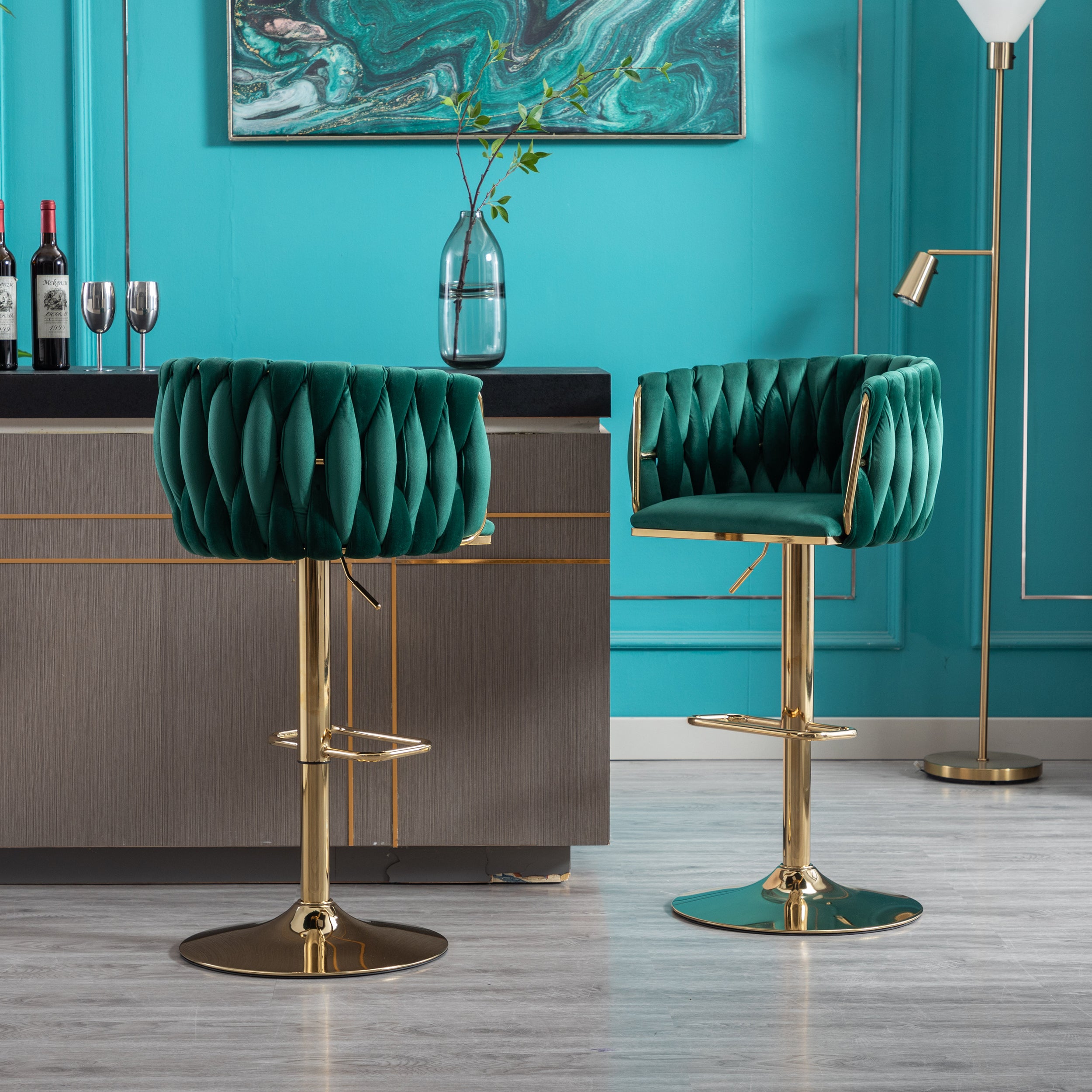 Bar Stools with Chrome Footrest and Base Swivel Height Adjustable Golden Leg - Green