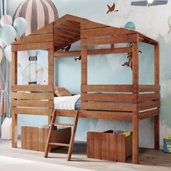 Twin Size Loft Wood House Bed with Two Drawers - Walnut