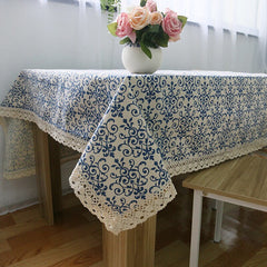 Decorative Cotton Linen Tablecloth, Blue and White Floral Pattern, Lace Trim