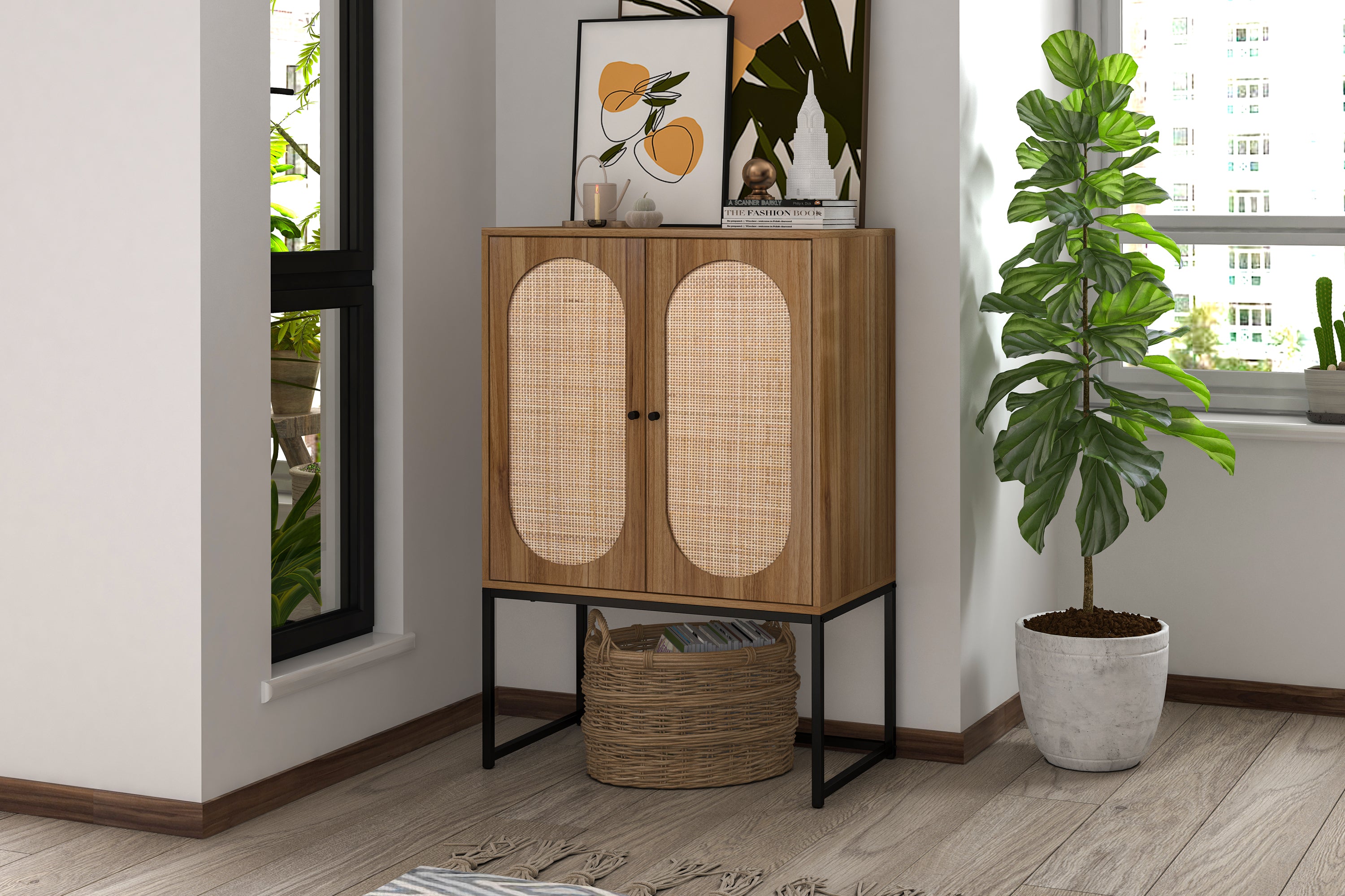 Walnut Rattan 2 Door Cabinet