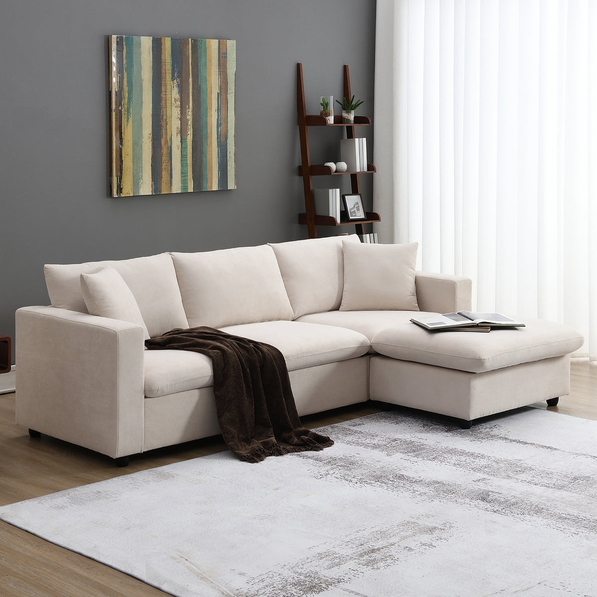 100.4x64.6" Modern Sectional Sofa, L-shaped Couch Set with 2 Free pillows, 4-seat Polyester Fabric Couch Set with Convertible Ottoman  - Beige