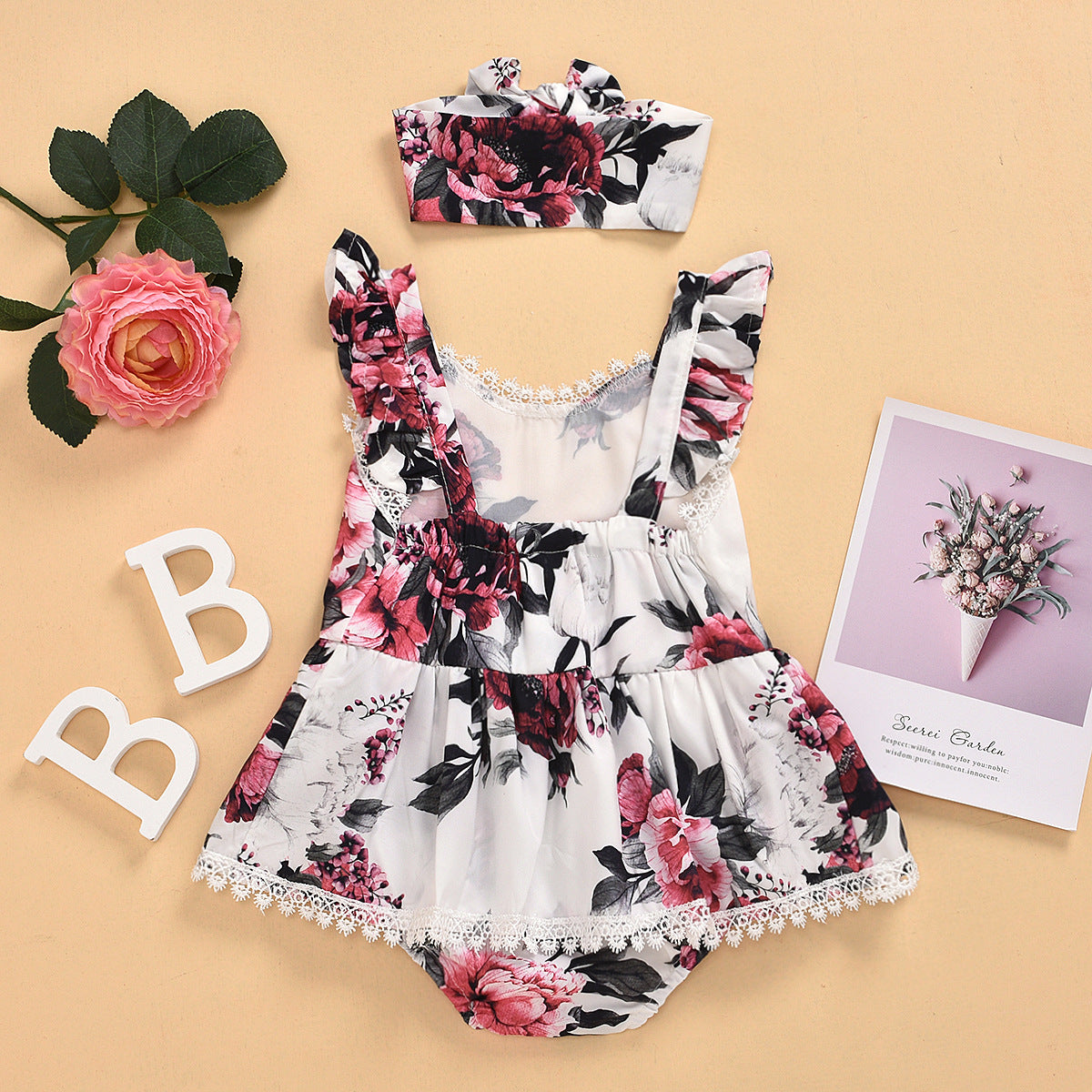 Baby Flower Jumpsuit with Headband Set, Sleeveless Jumpsuit with Frills