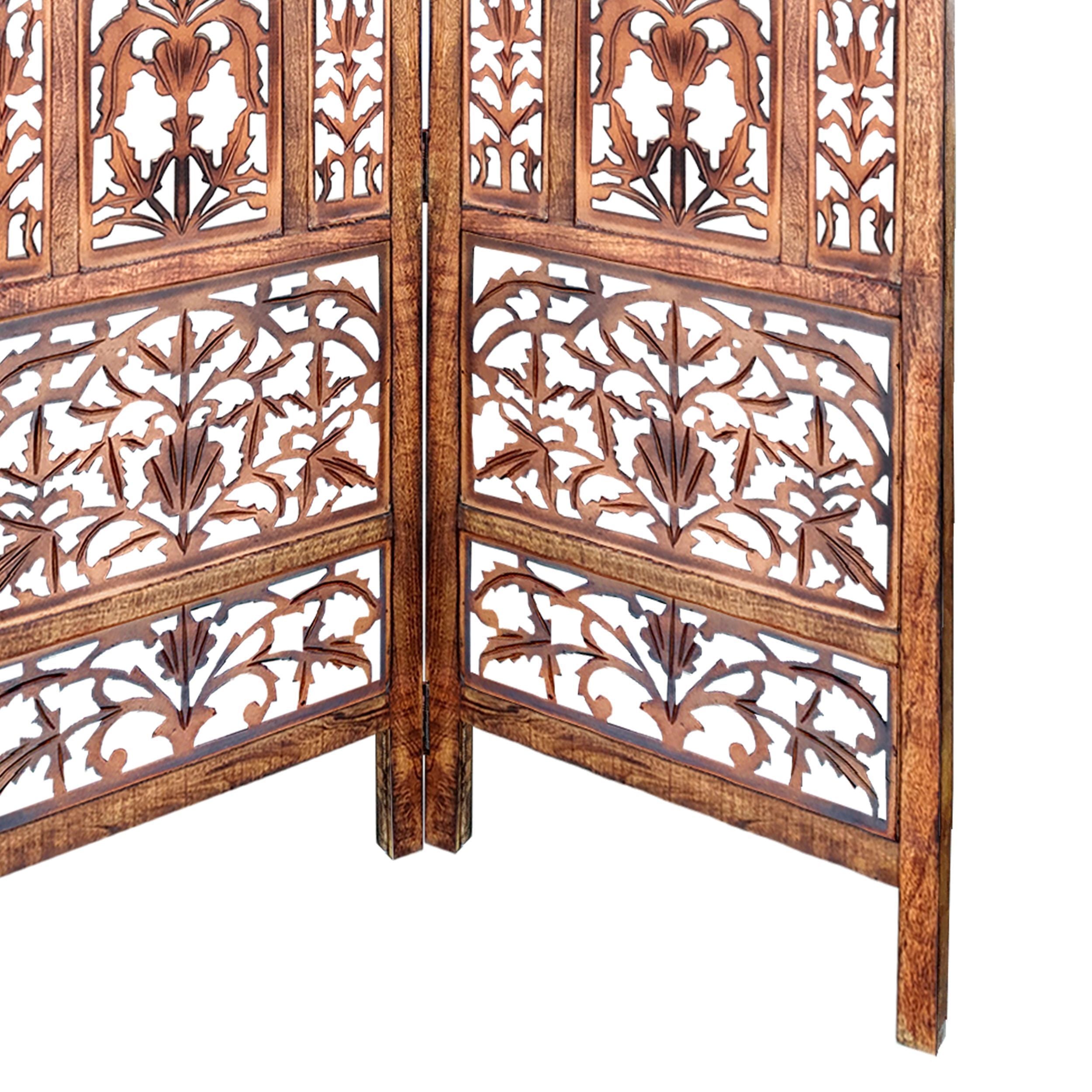 Handcrafted 3 Panel Mango Wood Screen with Cutout Filigree Carvings - Brown